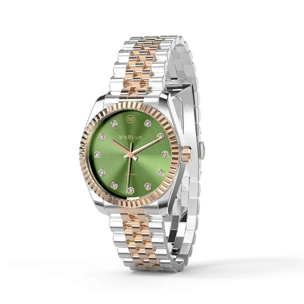 Women's Two Tone Green Dial Stainless Steel Watch With Diamond Accents sold by MSBLUE Jewelry product image thumbnail 3