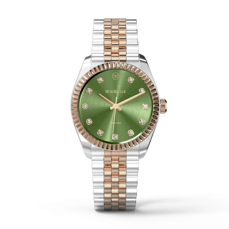 Women's Two Tone Green Dial Stainless Steel Watch With Diamond Accents sold by MSBLUE Jewelry