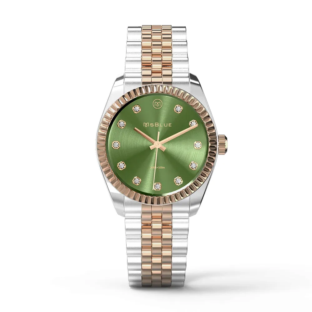 Women's Two Tone Green Dial Stainless Steel Watch With Diamond Accents sold by MSBLUE Jewelry