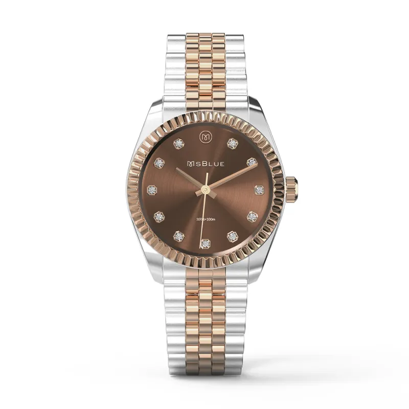 Women's Two Tone Brown Dial Stainless Steel Watch With Diamond Accents sold by MSBLUE Jewelry