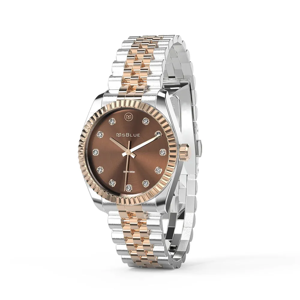 Women's Two Tone Brown Dial Stainless Steel Watch With Diamond Accents sold by MSBLUE Jewelry product image thumbnail 3