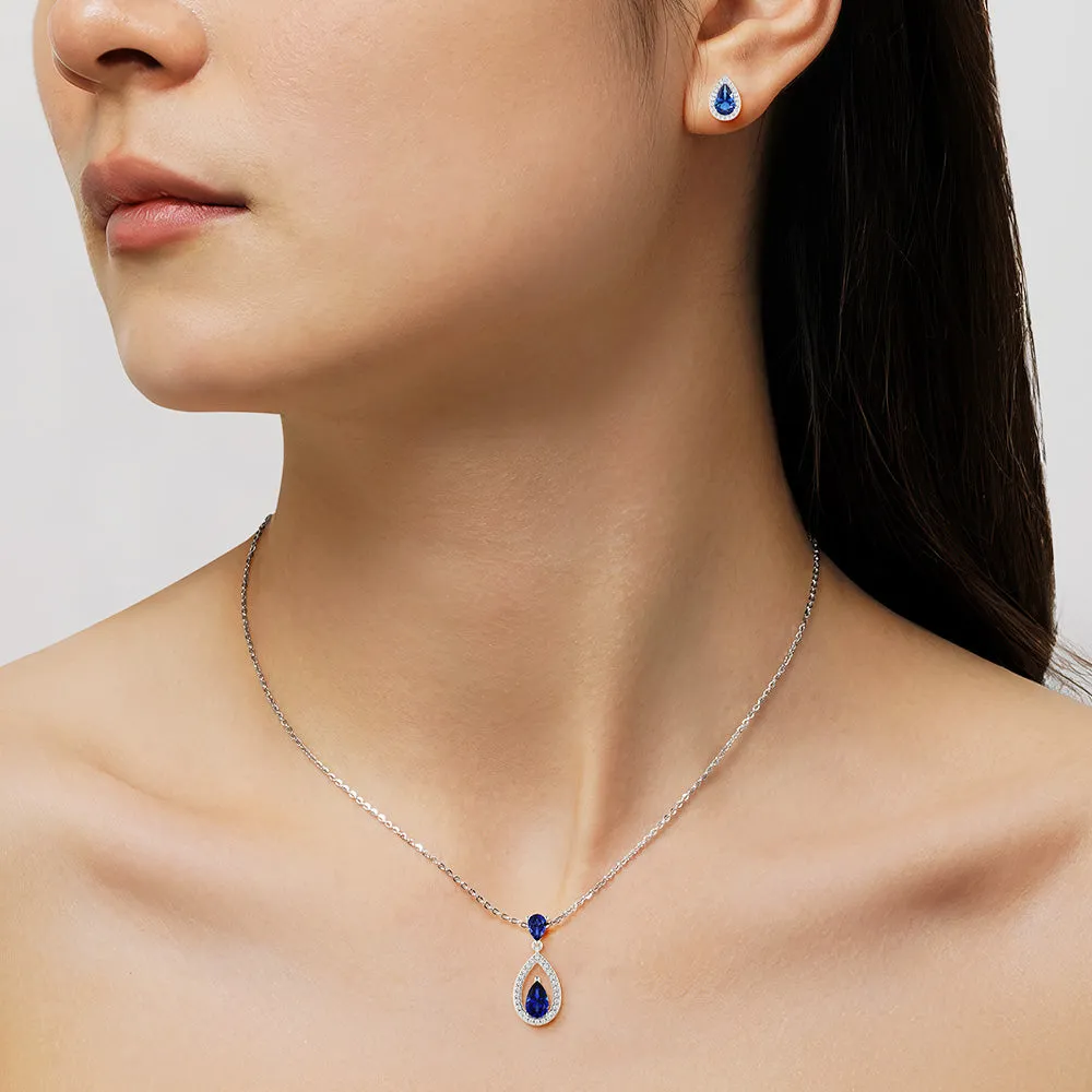 Blue Sapphire Drop Pendant And Halo Stud Earrings Set sold by MSBLUE Jewelry product image thumbnail 2