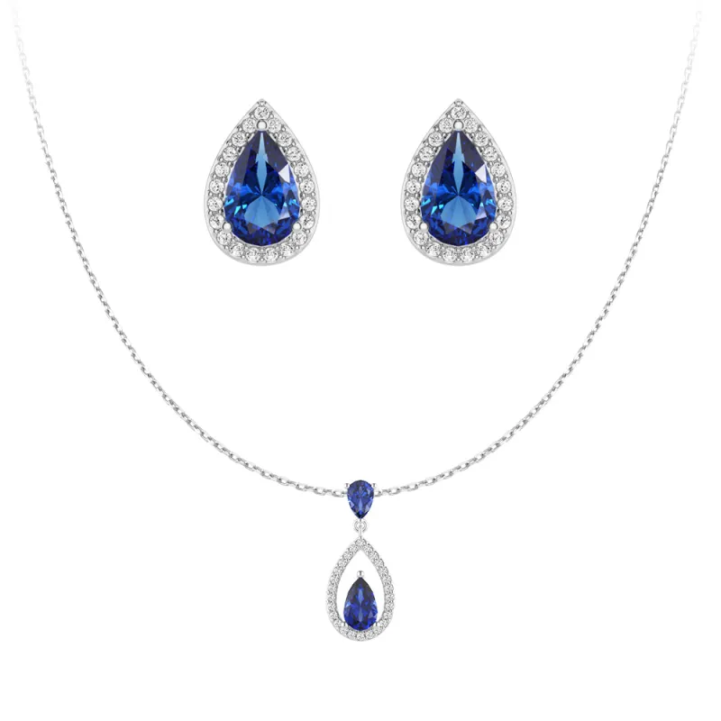 Blue Sapphire Drop Pendant And Halo Stud Earrings Set sold by MSBLUE Jewelry