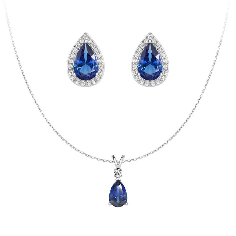Pear Blue Sapphire Solitaire Pendant with Stud Earrings Set sold by MSBLUE Jewelry