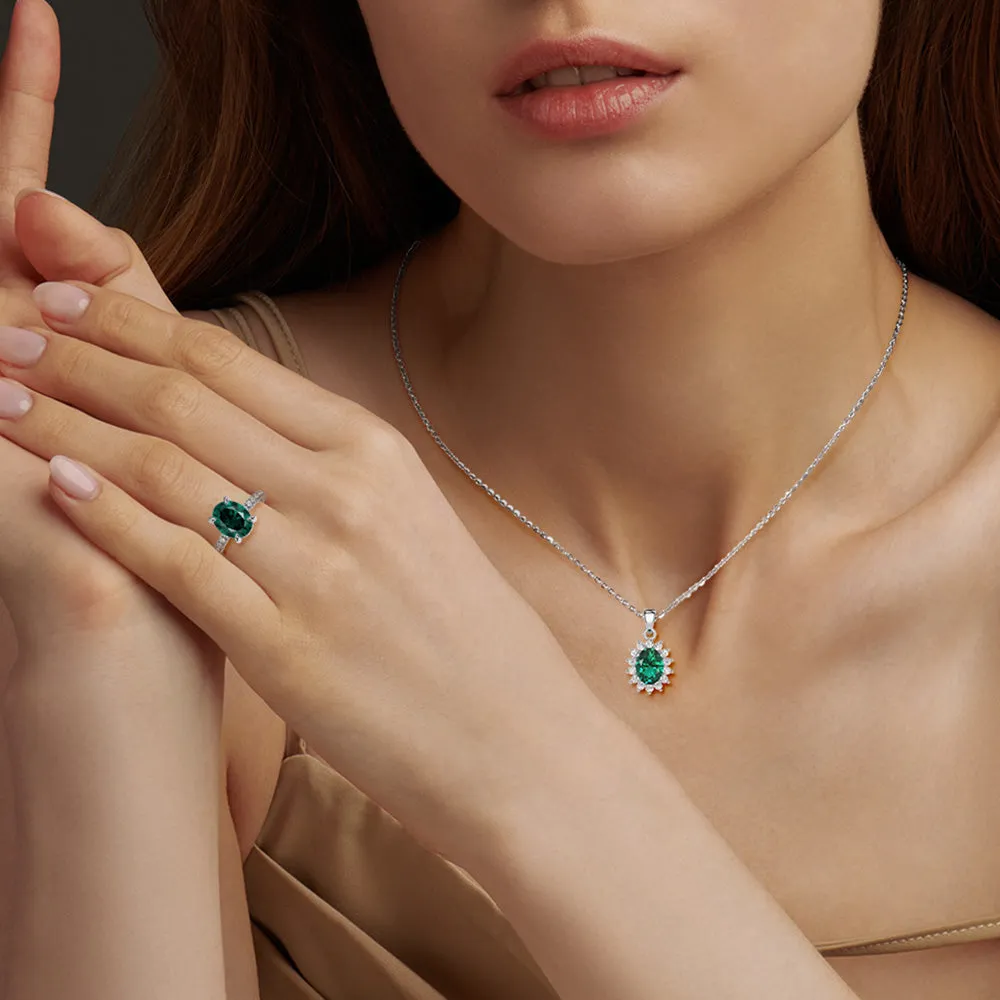 Floral Halo Green Oval Pendant And Ring Set sold by MSBLUE Jewelry product image thumbnail 2