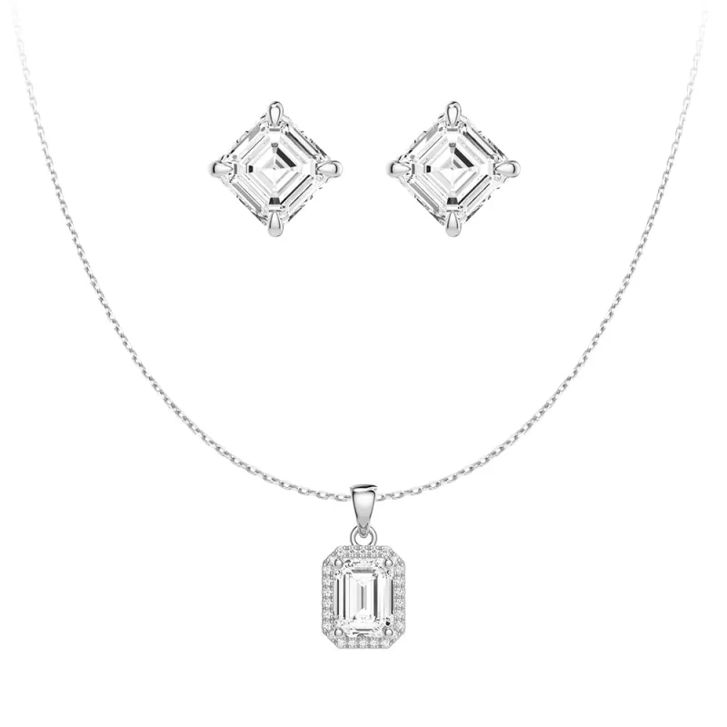 Emerald Cut Diamond Pendant & Asscher Cut Moissanite Stud Earrings Set sold by MSBLUE Jewelry
