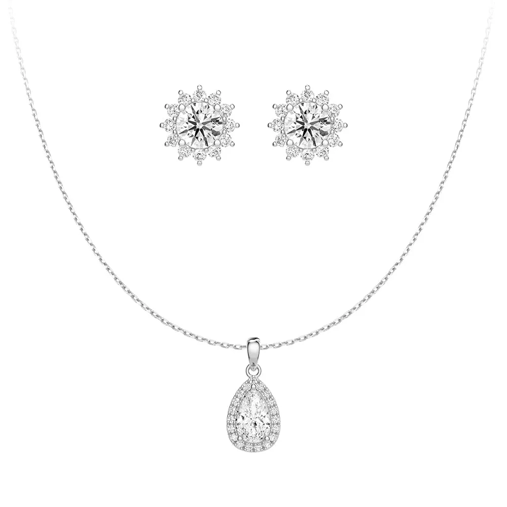 Halo Pear Moissanite Pendant Necklace And Sunflower Round Moissanite Stud Earrings sold by MSBLUE Jewelry