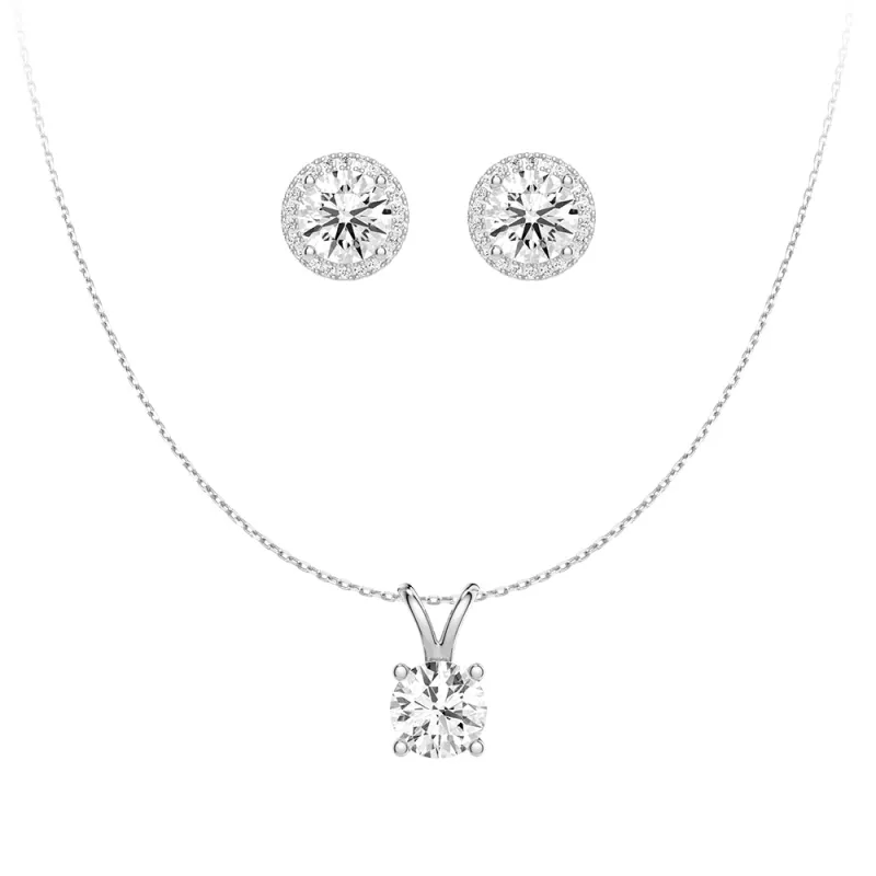 Round Moissanite Solitaire V Bale Pendant With Pavé Halo Stud Earrings sold by MSBLUE Jewelry