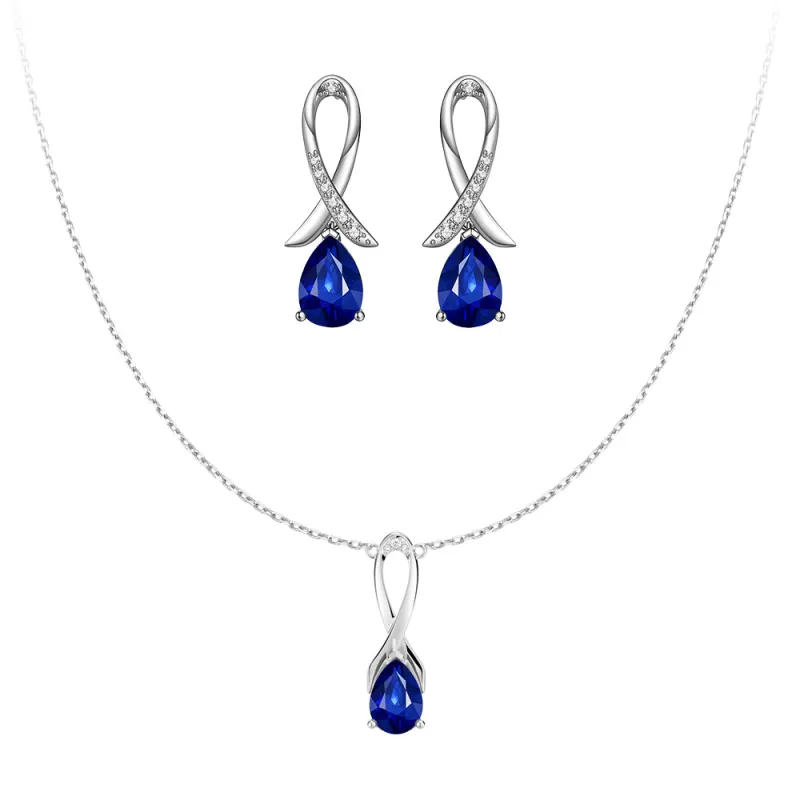 "Blue For Pink" Sapphire Necklace And Earrings Set With Ribbon sold by MSBLUE Jewelry