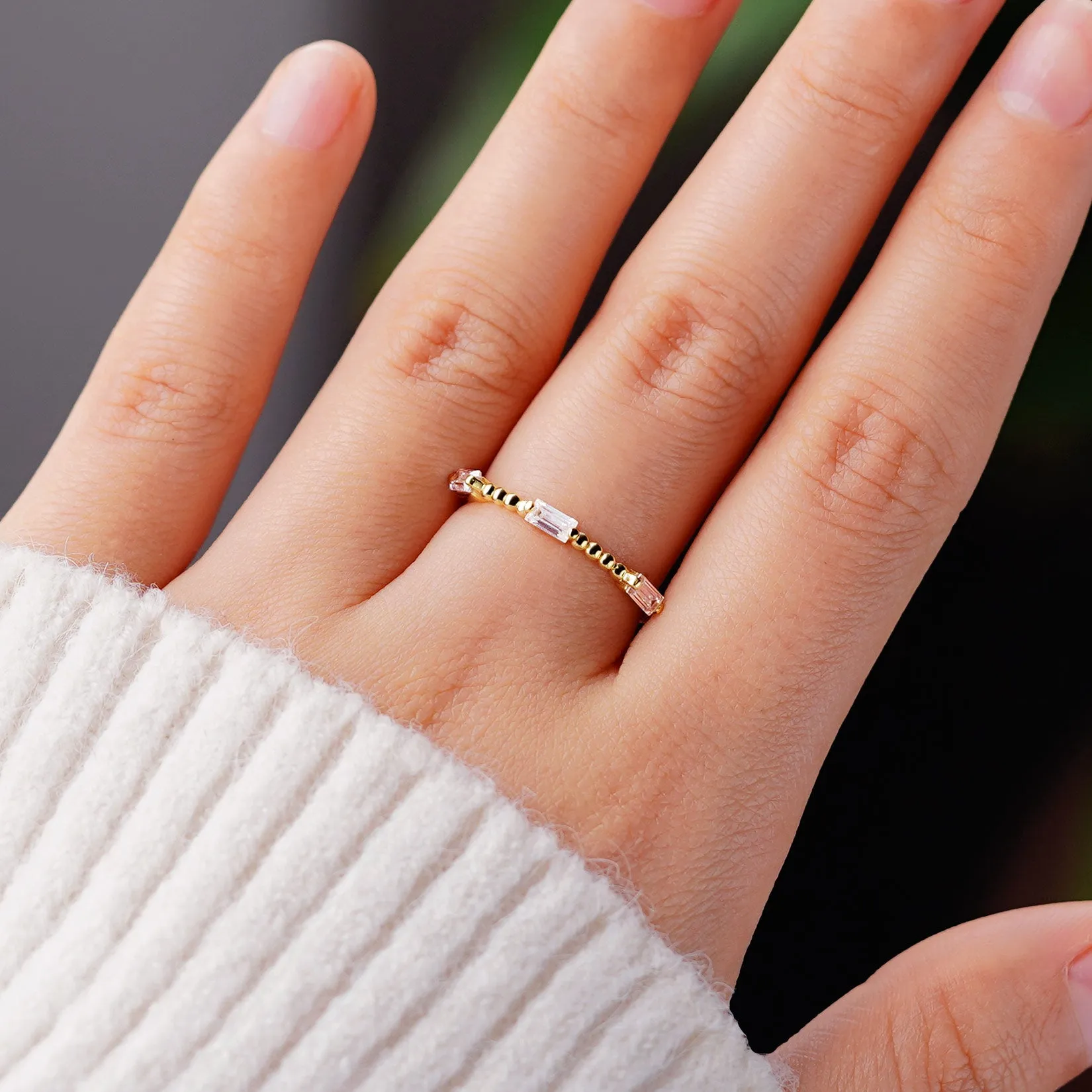 Petite Baguette Lab Grown Diamond Ring with Beaded Band sold by MSBLUE Jewelry product image thumbnail 3