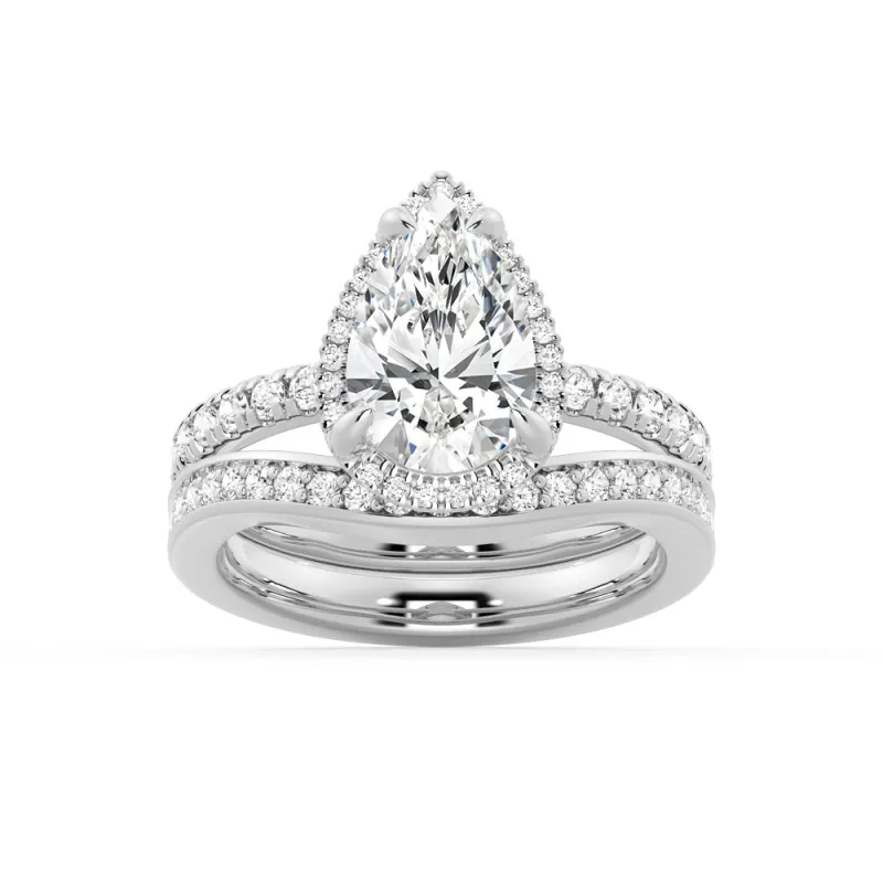 Half Eternity Pear Shaped Halo Moissanite Ring with Matching V Curved Wedding Band sold by MSBLUE Jewelry