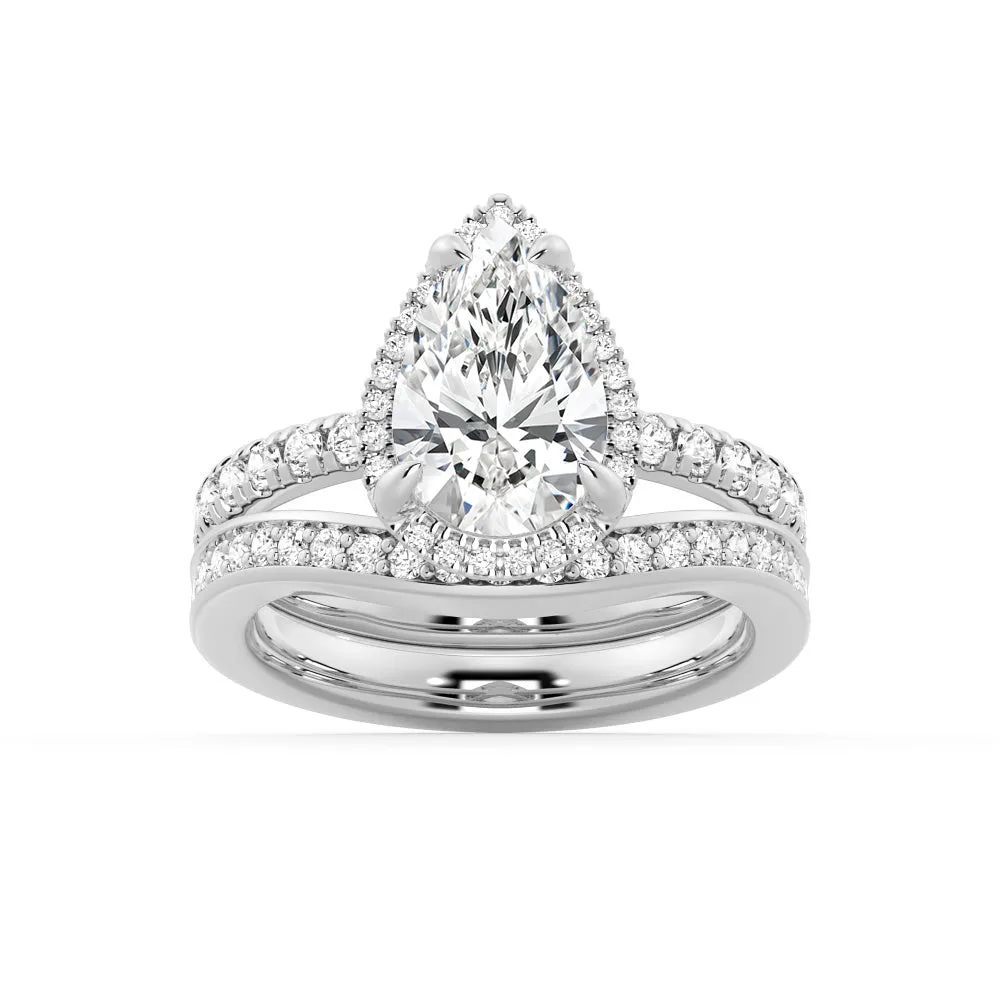 Half Eternity Pear Shaped Halo Moissanite Ring with Matching V Curved Wedding Band sold by MSBLUE Jewelry