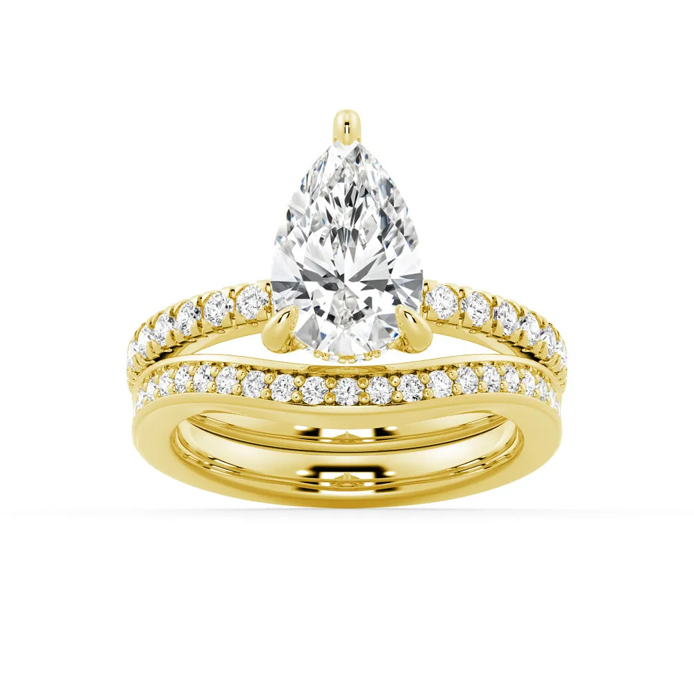 Pear Shaped Hidden Halo Moissanite Ring Set with Matching V Curved Wedding Band sold by MSBLUE Jewelry product image thumbnail 2