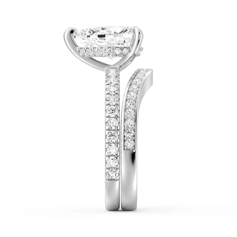 Pear Shaped Hidden Halo Moissanite Ring Set with Matching V Curved Wedding Band sold by MSBLUE Jewelry product image thumbnail 3