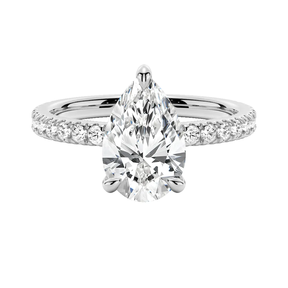 Pear Shaped Hidden Halo Moissanite Ring Set with Matching V Curved Wedding Band sold by MSBLUE Jewelry product image thumbnail 5