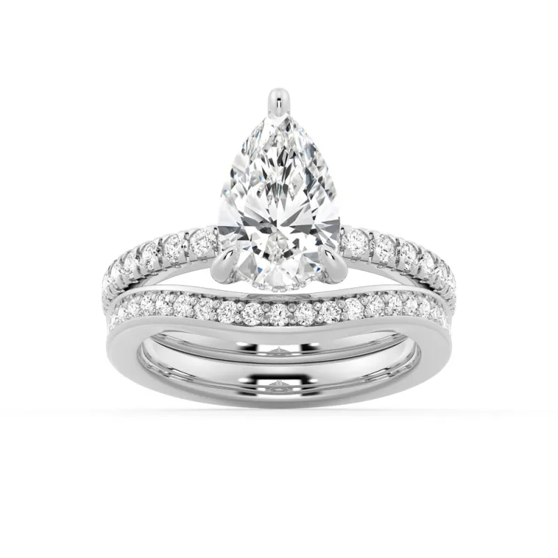 Pear Shaped Hidden Halo Moissanite Ring Set with Matching V Curved Wedding Band made by MSBLUE Jewelry