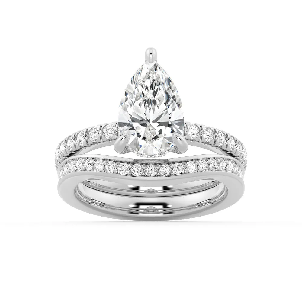 Pear Shaped Hidden Halo Moissanite Ring Set with Matching V Curved Wedding Band sold by MSBLUE Jewelry