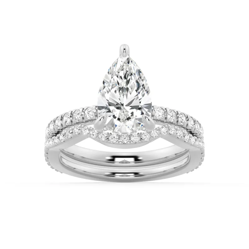 Pear Shaped Pavé Hidden Halo Moissanite Ring Set with Matching Wedding Band sold by MSBLUE Jewelry