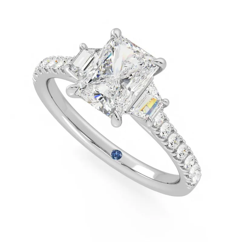 Three Stone Radiant Cut & Half Moon Moissanite Gold Engagement Ring with Hidden Anniversary Stone Accent sold by MSBLUE Jewelry