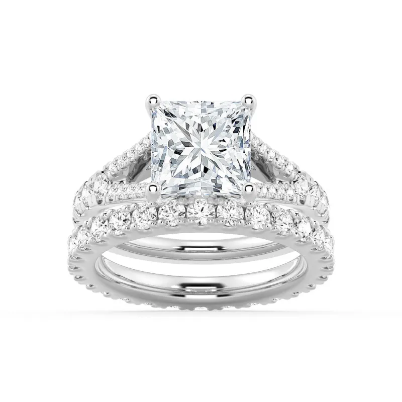 Princess Cut Split Shank Moissanite Gold Ring Set with Matching Wedding Band sold by MSBLUE Jewelry