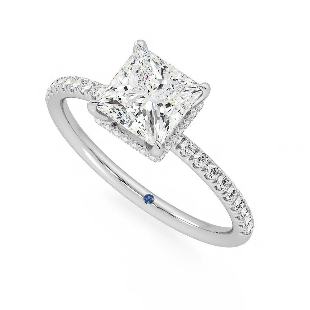 Custom Princess Cut Moissanite Gold Engagement Ring with Hidden Halo and Anniversary Stone Accent sold by MSBLUE Jewelry