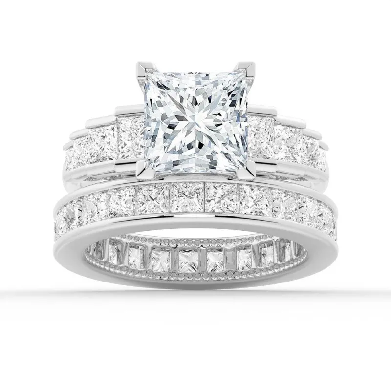 Unique Cinderella Staircase Princess Cut Gold Moissanite Ring Set with Matching Wedding Band sold by MSBLUE Jewelry