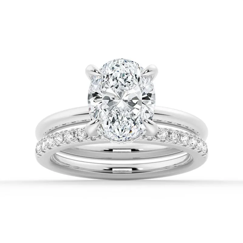 Oval Solitaire Hidden Halo Moissanite Gold Ring Set with Matching Wedding Band sold by MSBLUE Jewelry