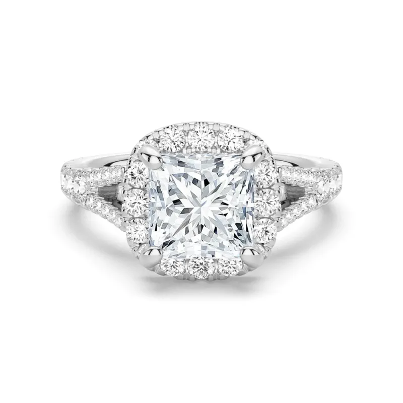 Princess Cut Split Shank Moissanite Gold Halo Engagement Ring sold by MSBLUE Jewelry