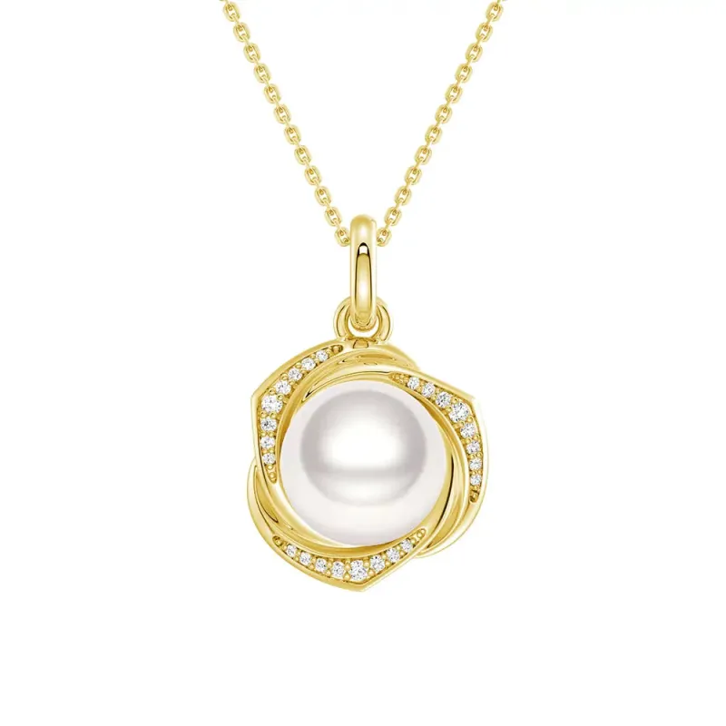 Freshwater Pearl Pendant Necklace with Diamond Floral Halo sold by MSBLUE Jewelry