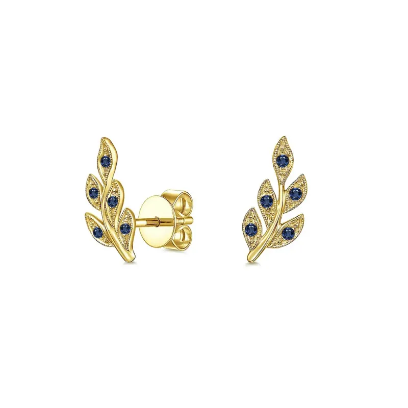 Couture Botanical Foliage Lab Grown Sapphire Stud Earrings sold by MSBLUE Jewelry