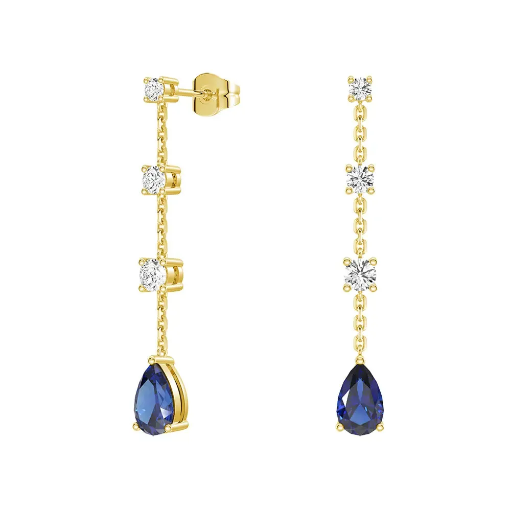Elegant Tiered Diamond Stud Earrings with Trembling Lab Sapphire Drop sold by MSBLUE Jewelry product image thumbnail 3