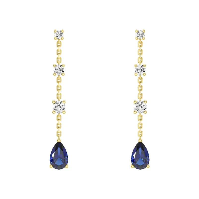 Elegant Tiered Diamond Stud Earrings with Trembling Lab Sapphire Drop sold by MSBLUE Jewelry