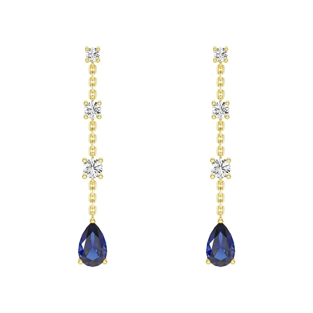 Elegant Tiered Diamond Stud Earrings with Trembling Lab Sapphire Drop sold by MSBLUE Jewelry
