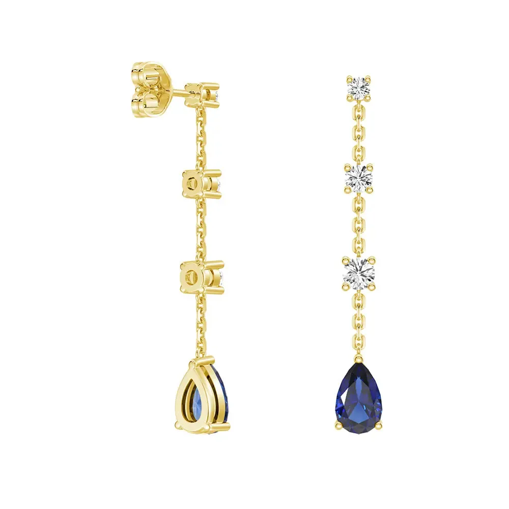 Elegant Tiered Diamond Stud Earrings with Trembling Lab Sapphire Drop sold by MSBLUE Jewelry product image thumbnail 5