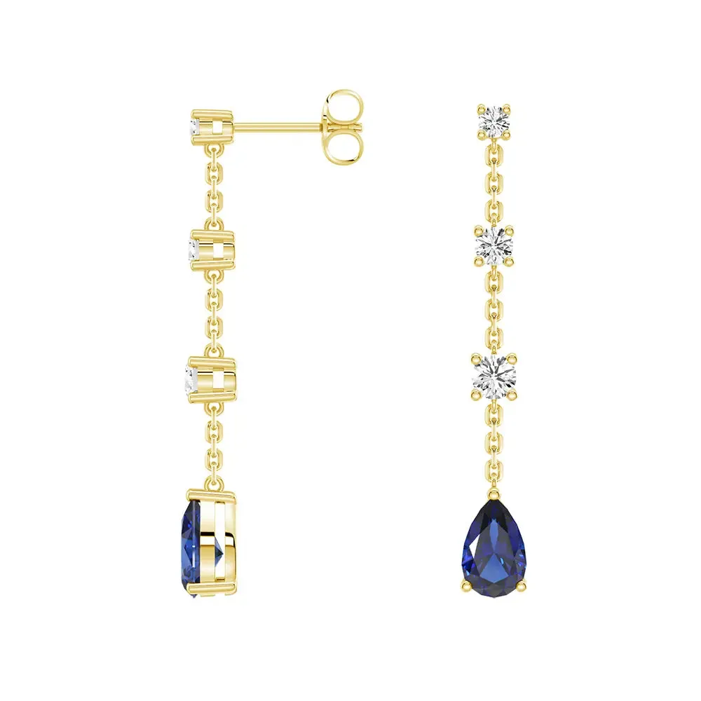 Elegant Tiered Diamond Stud Earrings with Trembling Lab Sapphire Drop sold by MSBLUE Jewelry product image thumbnail 4