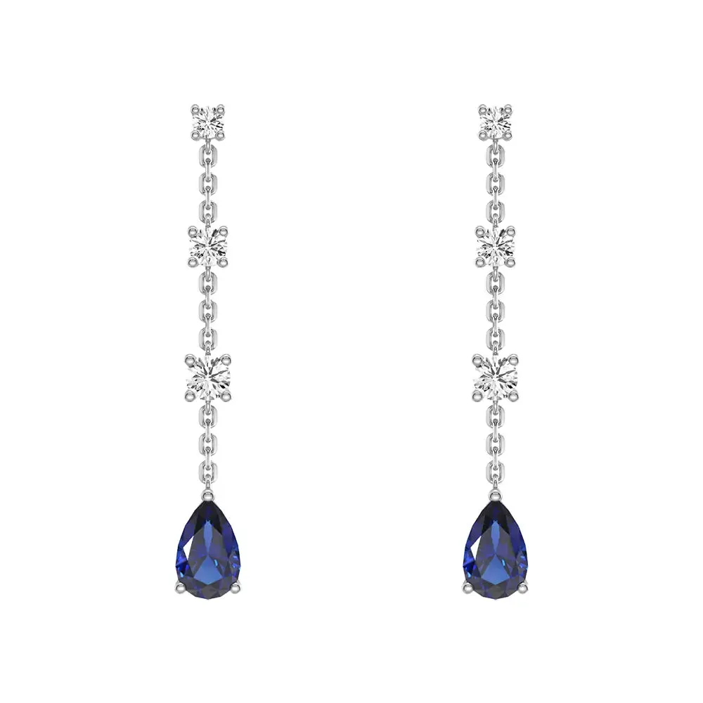 Elegant Tiered Diamond Stud Earrings with Trembling Lab Sapphire Drop sold by MSBLUE Jewelry product image thumbnail 2