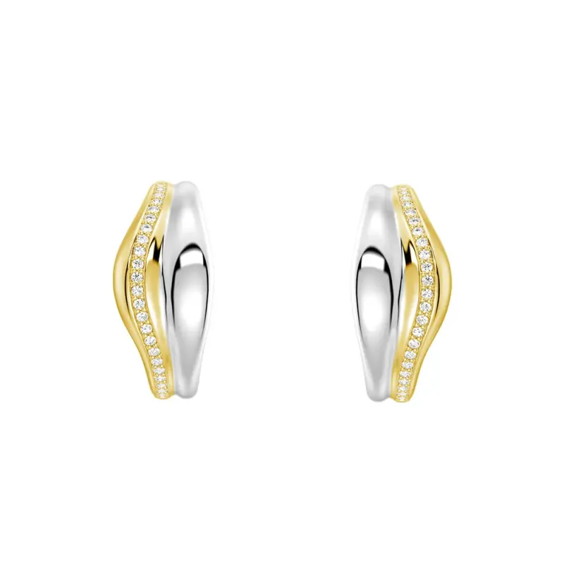 Two-Tone Semi Hoop Eearrings with Edge-Stitched Diamonds sold by MSBLUE Jewelry