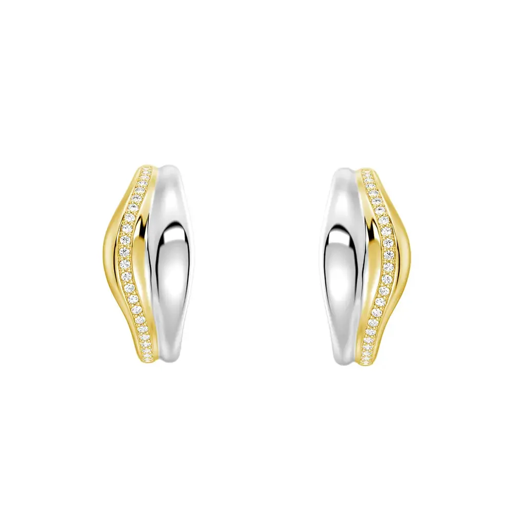 Two-Tone Semi Hoop Eearrings with Edge-Stitched Diamonds sold by MSBLUE Jewelry