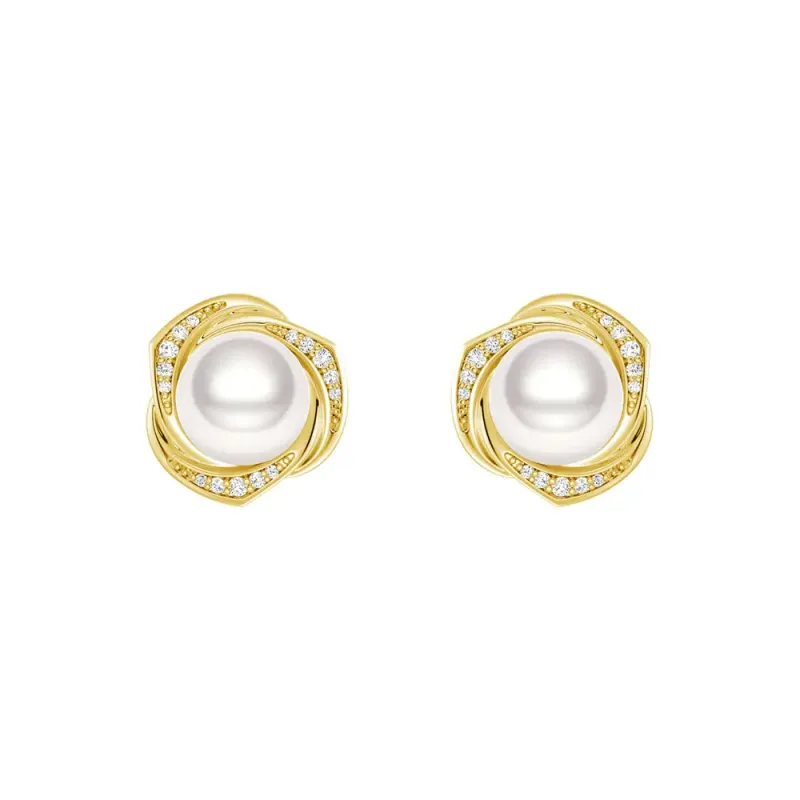 Freshwater Pearl Stud Earrings with Diamond Floral Halo sold by MSBLUE Jewelry