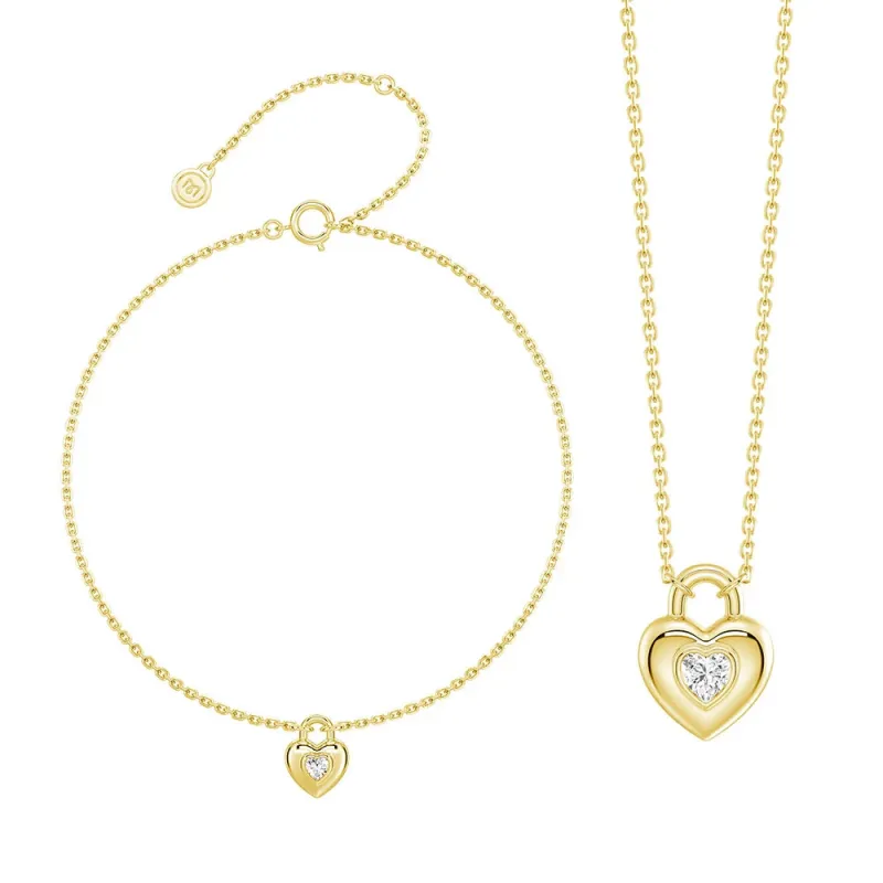 Love Lock Heart Solitaire Moissanite Pendant Necklace And Bracelet Set sold by MSBLUE Jewelry