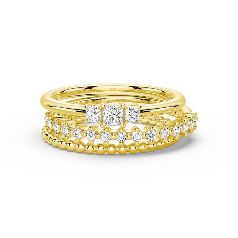Celestial Compass And Princess Lab Diamond Stacking Rings with Beaded Accent Band sold by MSBLUE Jewelry
