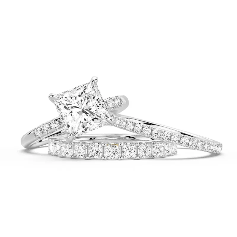 Princess Cut Hidden Halo Moissanite Ring Set with Matching Stacking Band sold by MSBLUE Jewelry