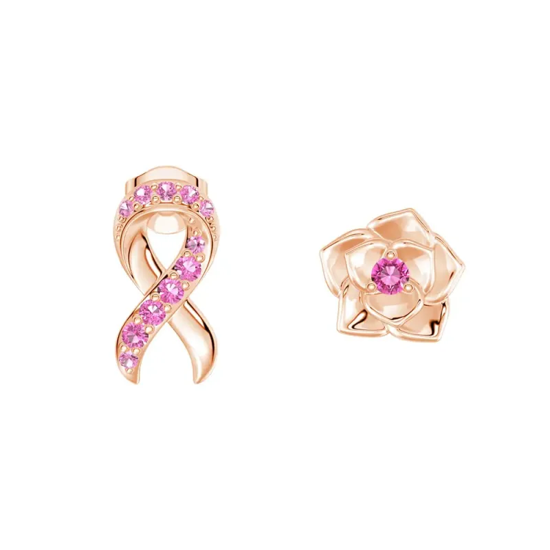 “Ribbon & Rose” Breast Cancer Awareness Mismatched Earrings sold by MSBLUE Jewelry