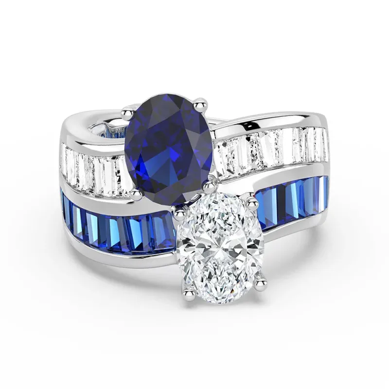 Dual-Stone Lab Grown Sapphire and Moissanite Crossover Ring with Channel Accents sold by MSBLUE Jewelry