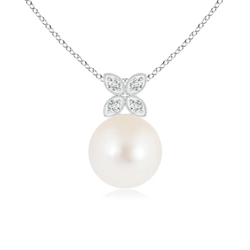 8mm Freshwater Cultured Pearl Pendant with Moissanite-Adorned Floral Bale sold by MSBLUE Jewelry