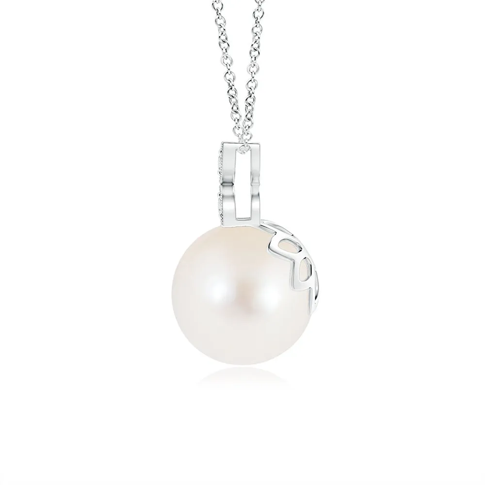 8mm Freshwater Cultured Pearl Pendant with Moissanite-Adorned Floral Bale sold by MSBLUE Jewelry product image thumbnail 4