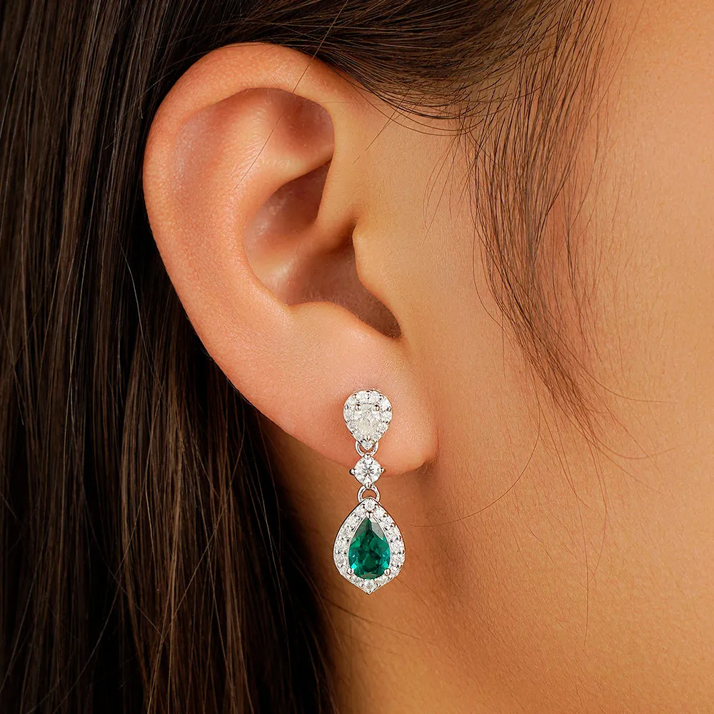 1.55 CT. Pear Emerald Drop Earrings with Pavé Halo sold by MSBLUE Jewelry product image thumbnail 2