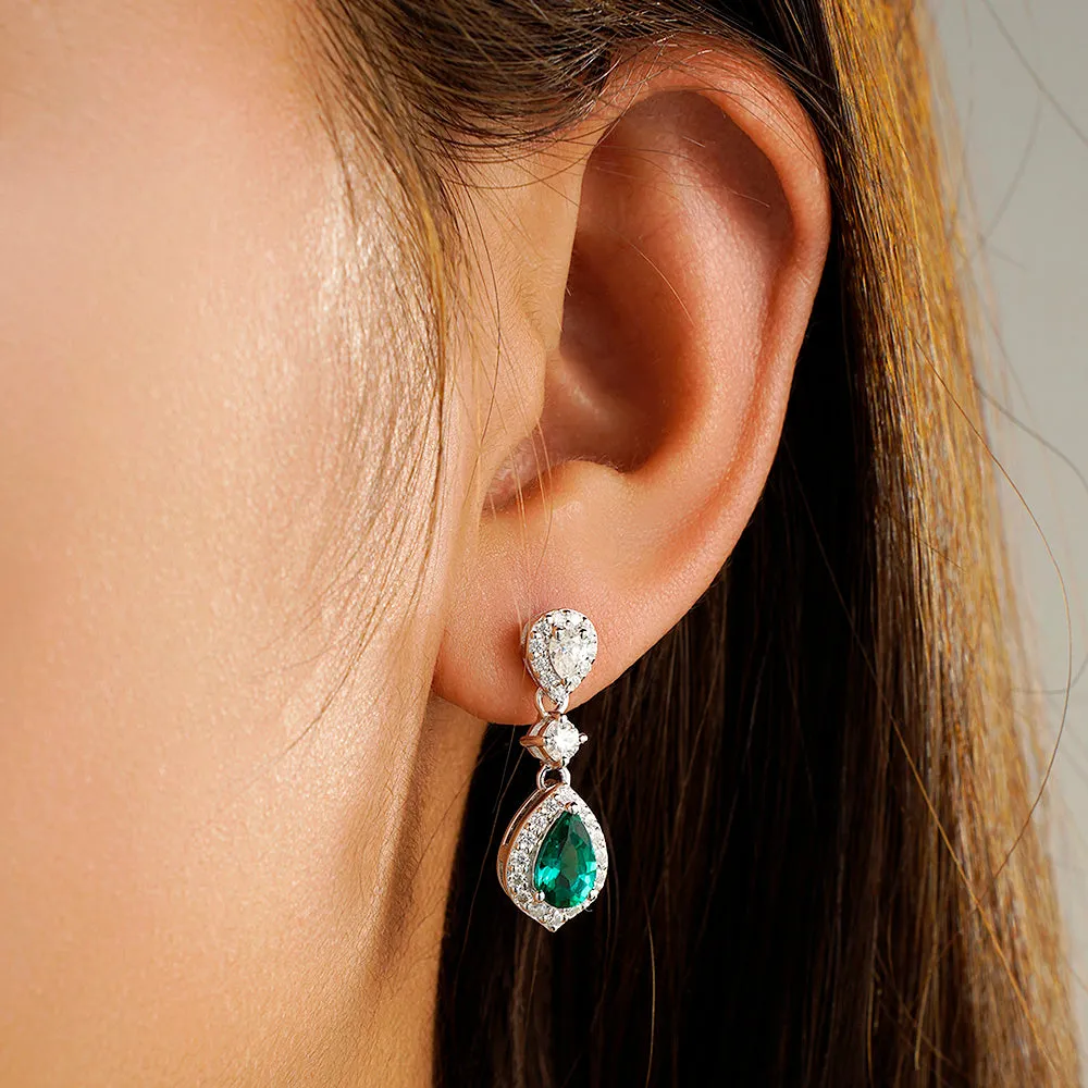 1.55 CT. Pear Emerald Drop Earrings with Pavé Halo sold by MSBLUE Jewelry product image thumbnail 3