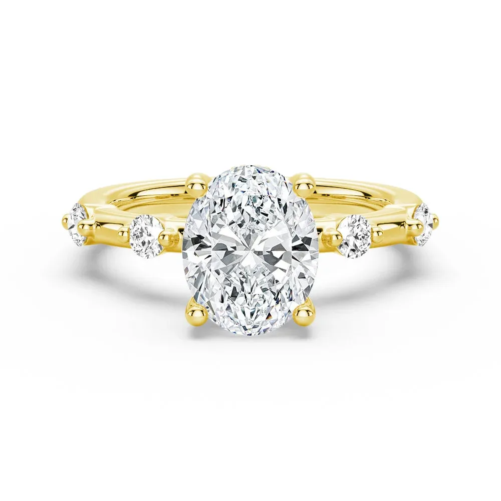 Custom Oval Cut Moissanite Ring with Diamond Spaced Band and Hidden Halo sold by MSBLUE Jewelry