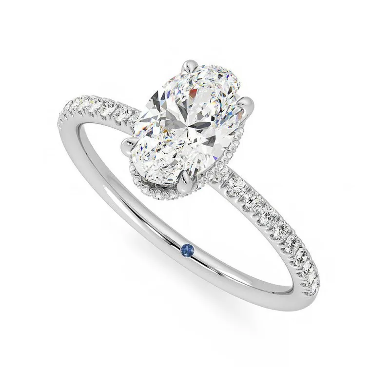 Custom Oval Cut Moissanite Engagement Ring with Hidden Halo and Anniversary Stone Accent made by MSBLUE Jewelry